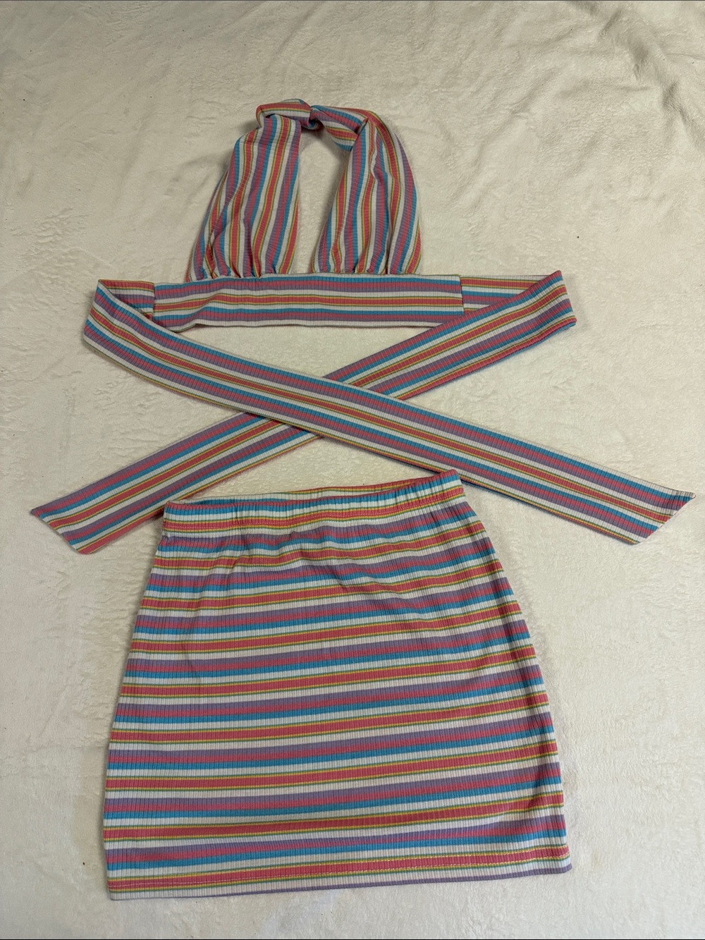 SHEIN Multicolor Striped Ribbed Mini Skirt - Pink, Blue,Yellow, white